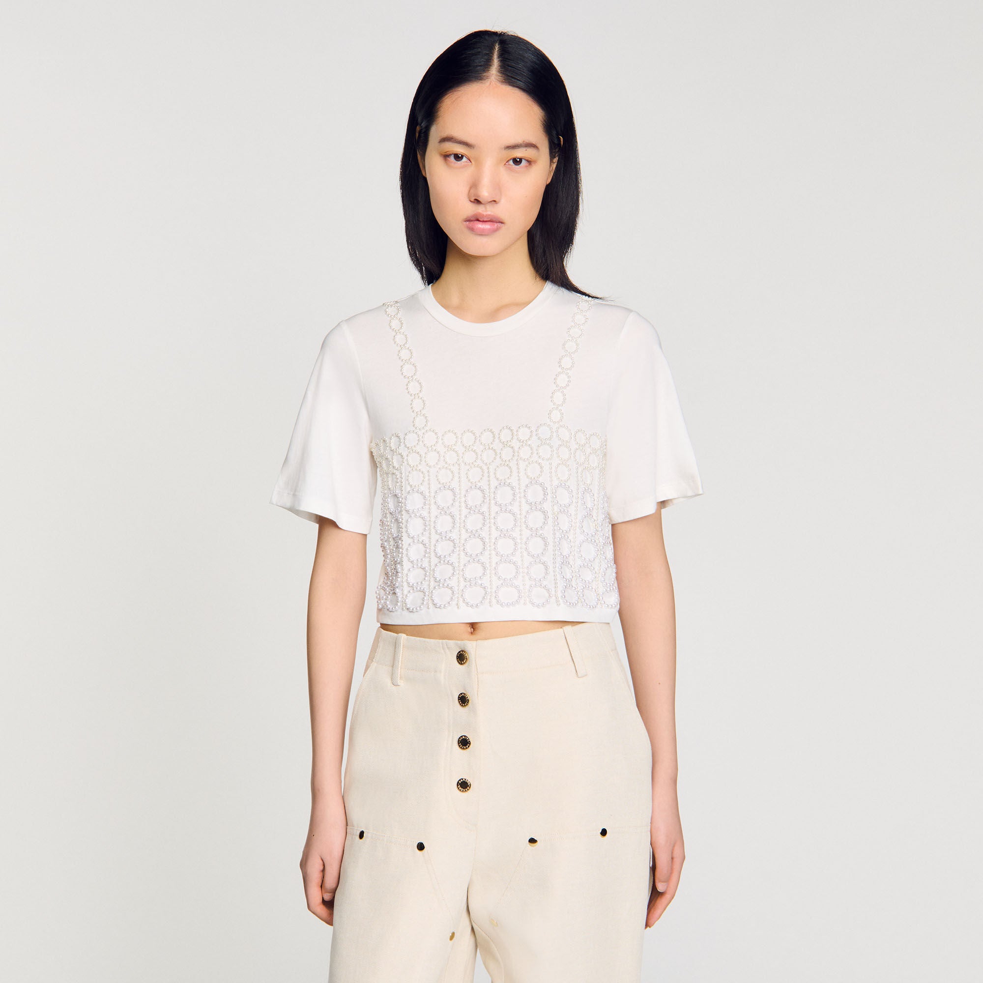 Beaded Cropped T-Shirt White