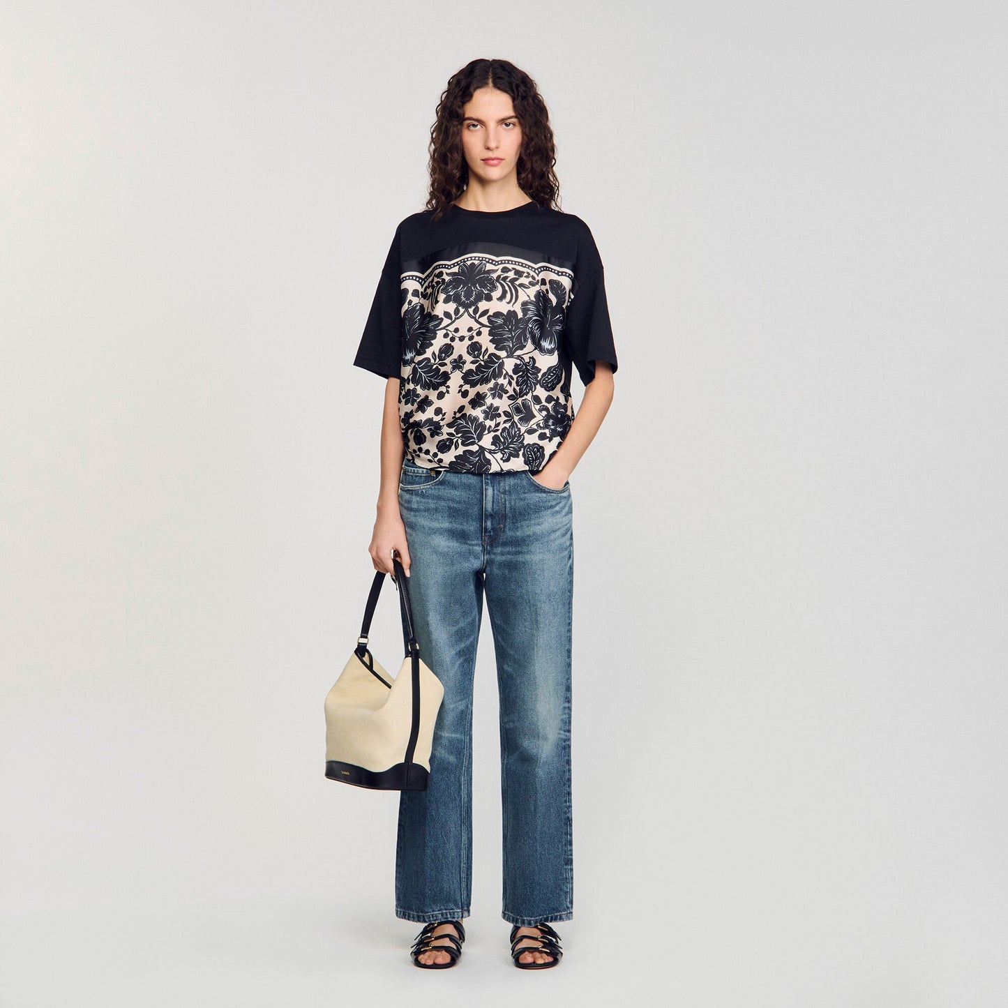 Ecru / Black Floral Motif T-Shirt