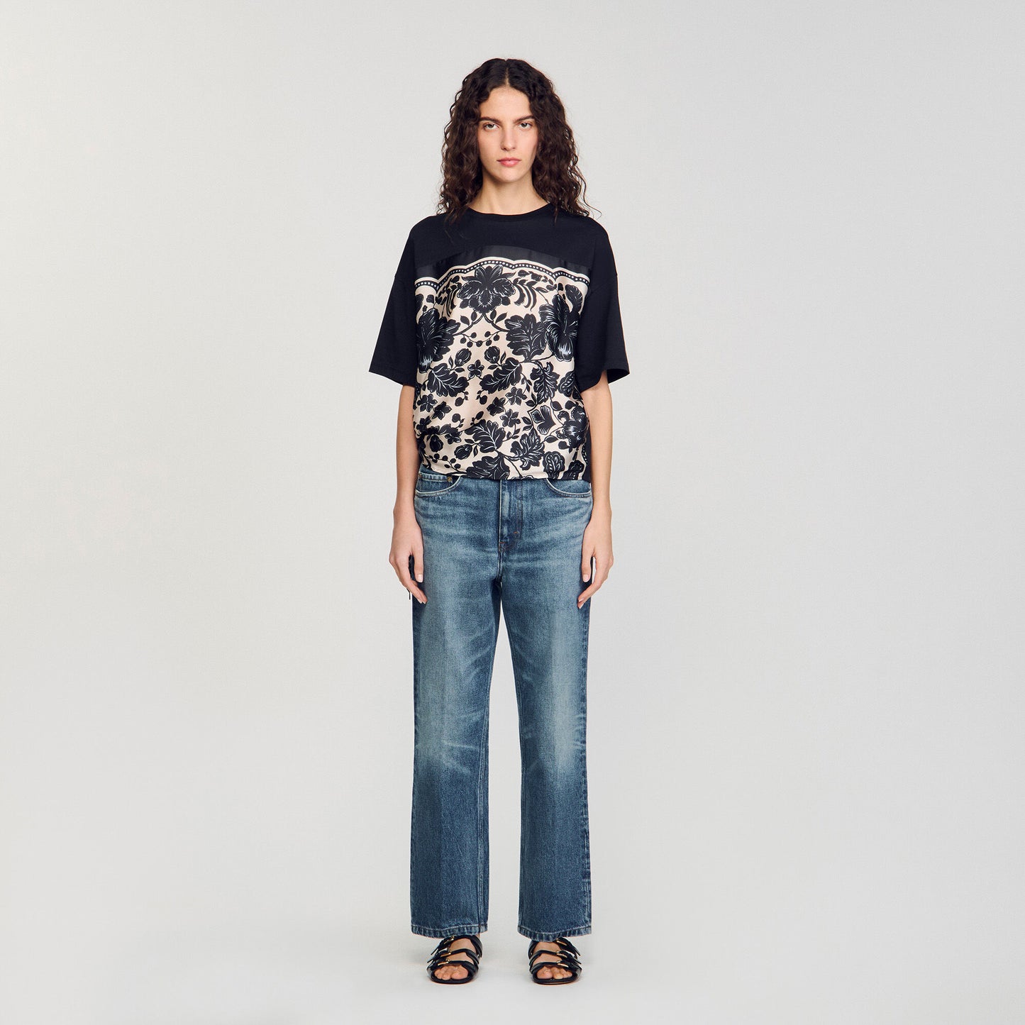 Ecru / Black Floral Motif T-Shirt