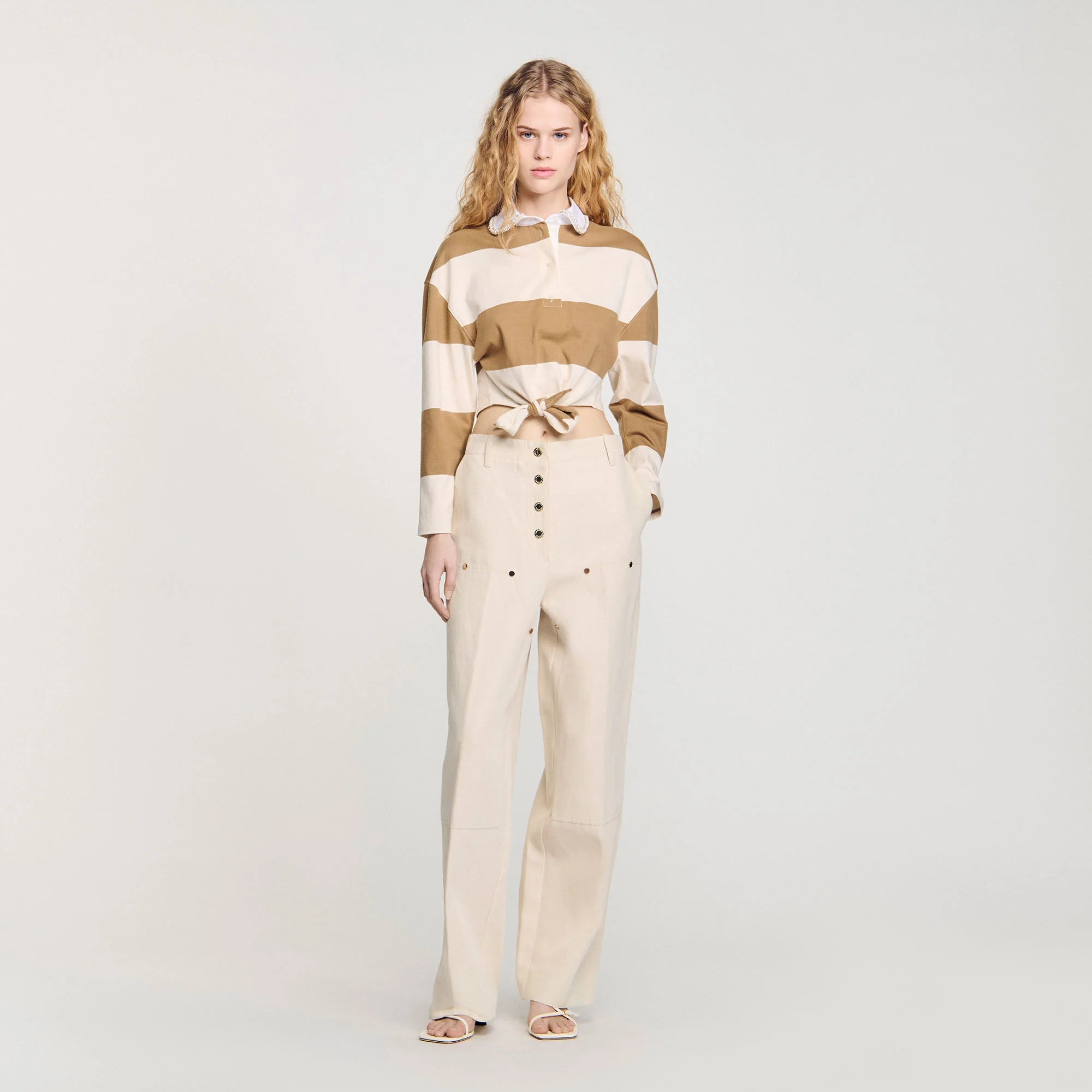Federica Striped Polo-Neck T-Shirt Beige