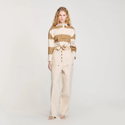 Federica Striped Polo-Neck T-Shirt Beige