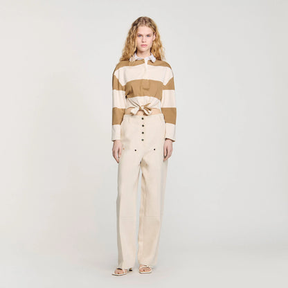 Federica Striped Polo-Neck T-Shirt Beige
