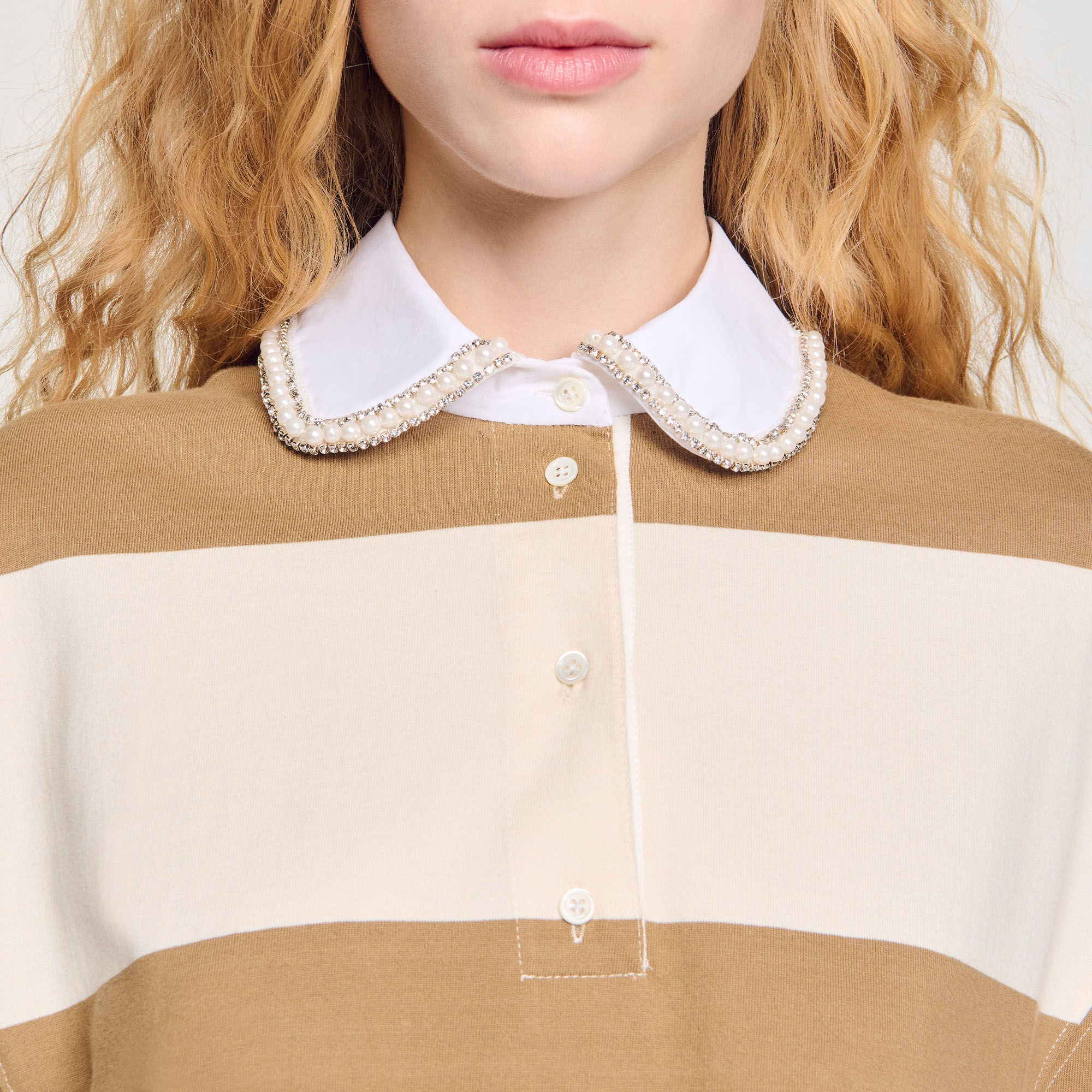 Federica Striped Polo-Neck T-Shirt Beige