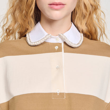 Federica Striped Polo-Neck T-Shirt Beige