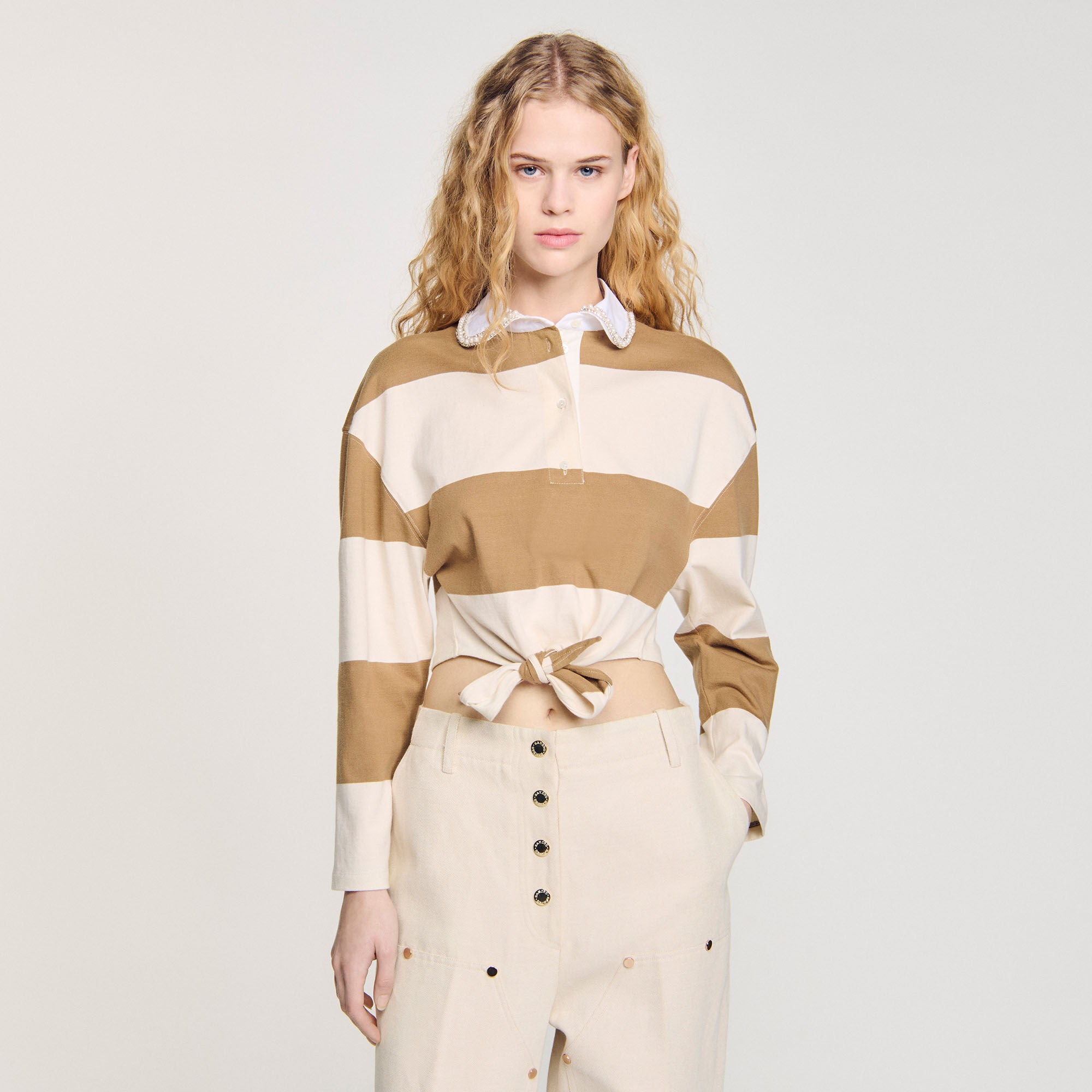 Federica Striped Polo-Neck T-Shirt Beige