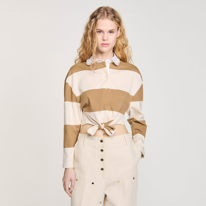 Federica Striped Polo-Neck T-Shirt Beige