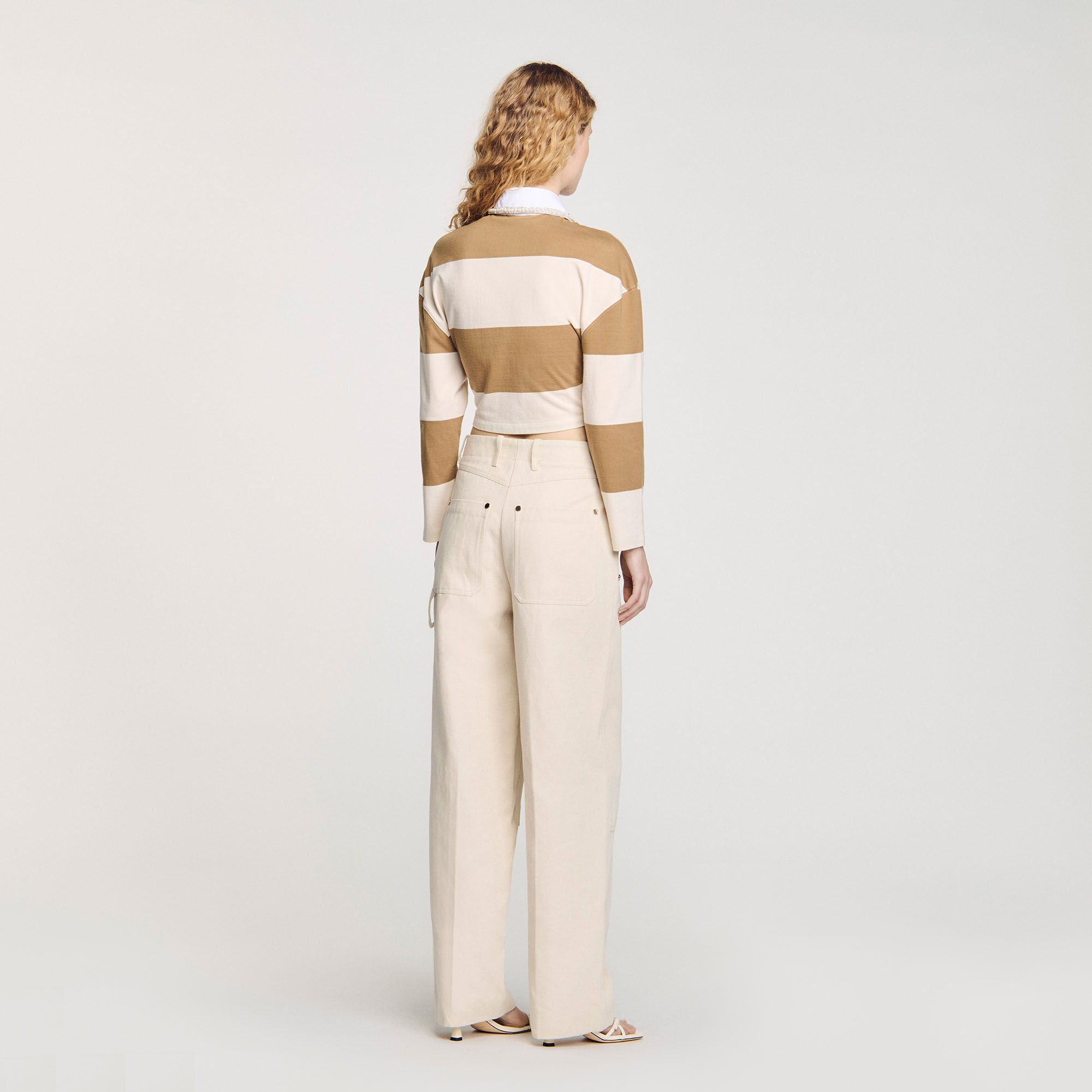 Federica Striped Polo-Neck T-Shirt Beige