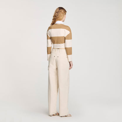 Federica Striped Polo-Neck T-Shirt Beige