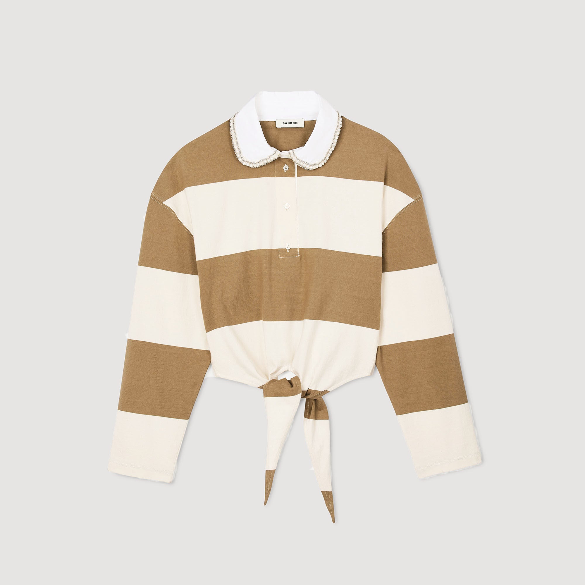 Federica Striped Polo-Neck T-Shirt Beige