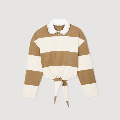 Federica Striped Polo-Neck T-Shirt Beige