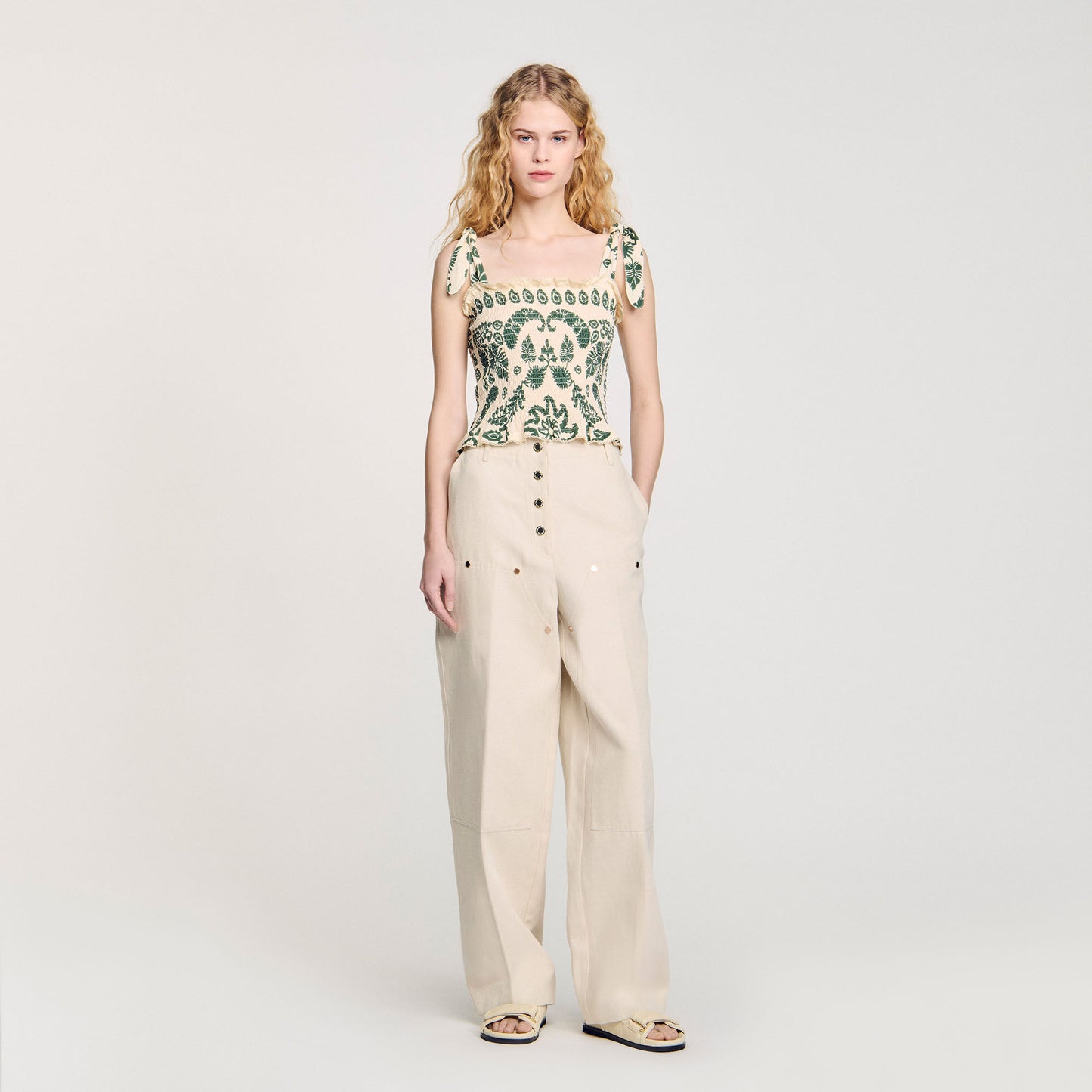 Ramatuelle Floral Motif Smocked Top Ecru/Green Ecru/Green