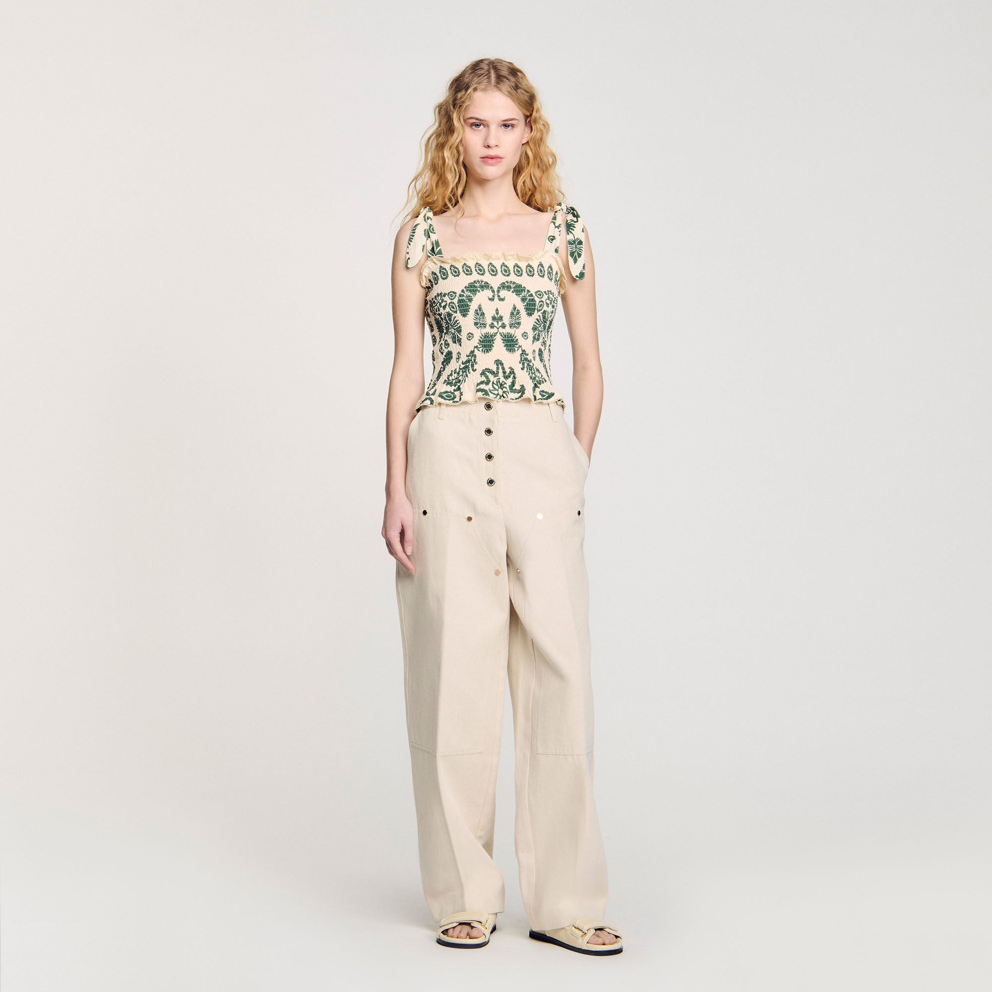 Ramatuelle Floral Motif Smocked Top Ecru/Green Ecru/Green