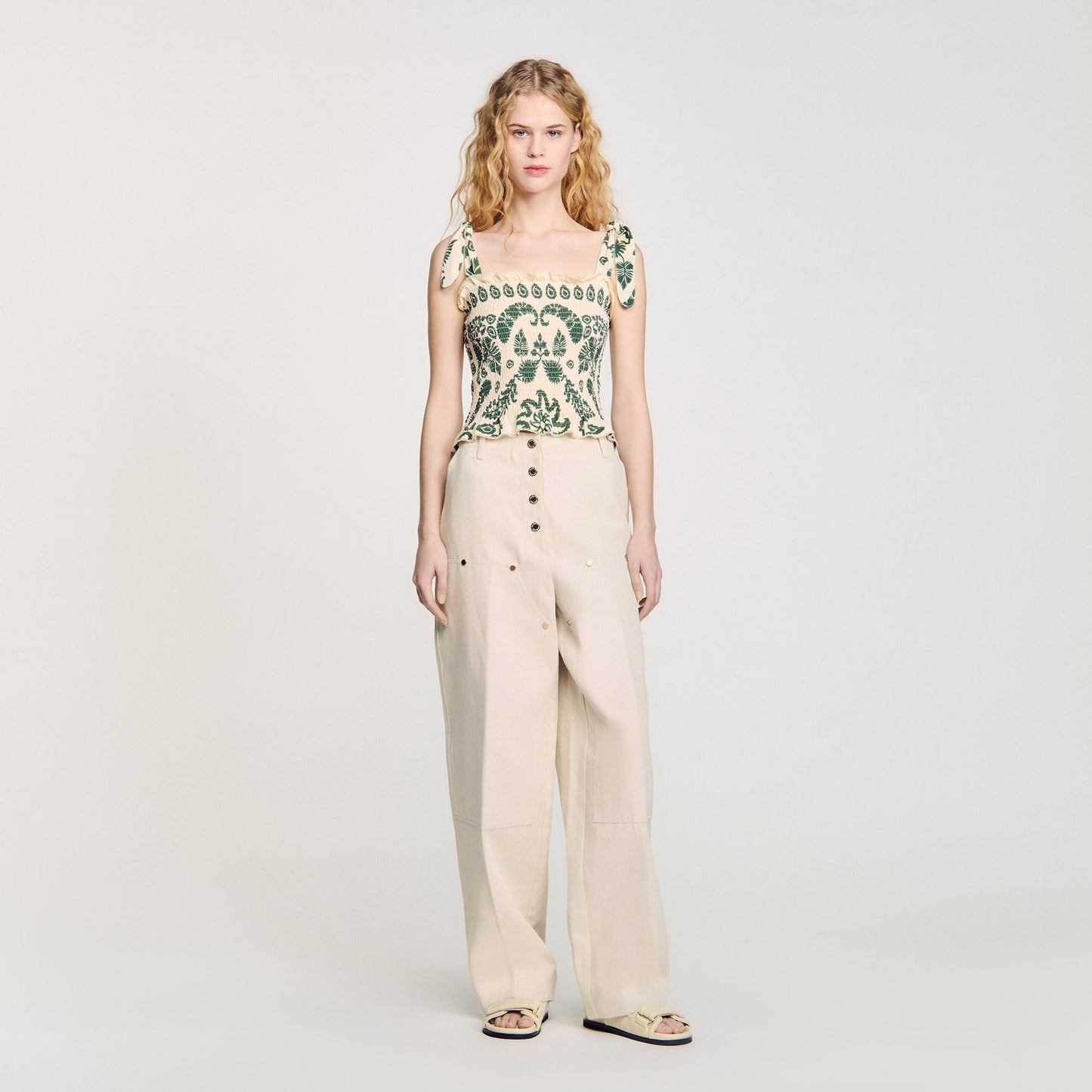 Ramatuelle Floral Motif Smocked Top Ecru/Green Ecru/Green