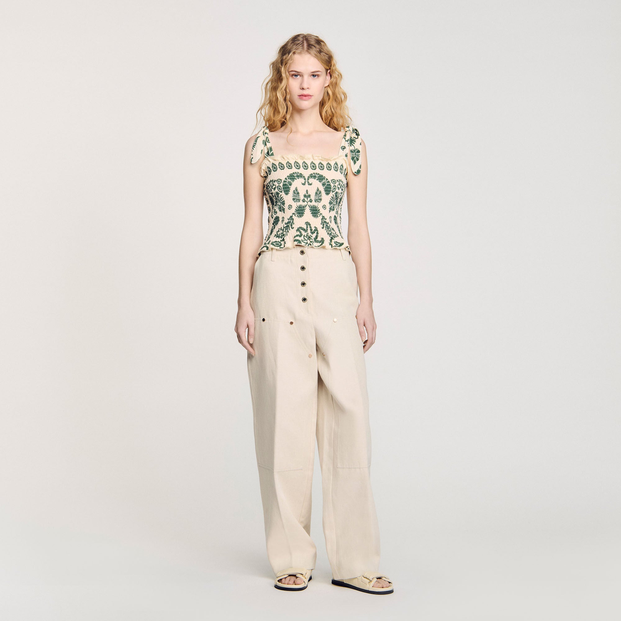 Ramatuelle Floral Motif Smocked Top Ecru/Green Ecru/Green
