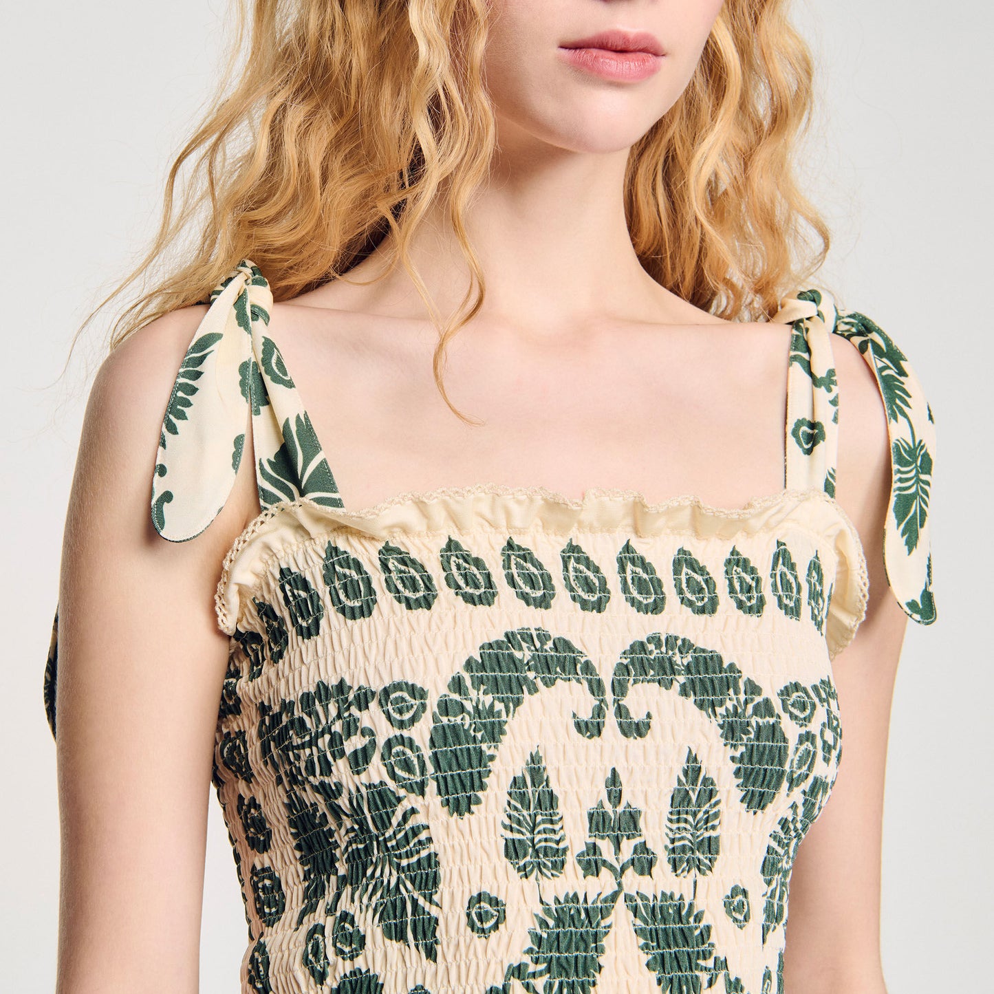 Ramatuelle Floral Motif Smocked Top Ecru/Green Ecru/Green