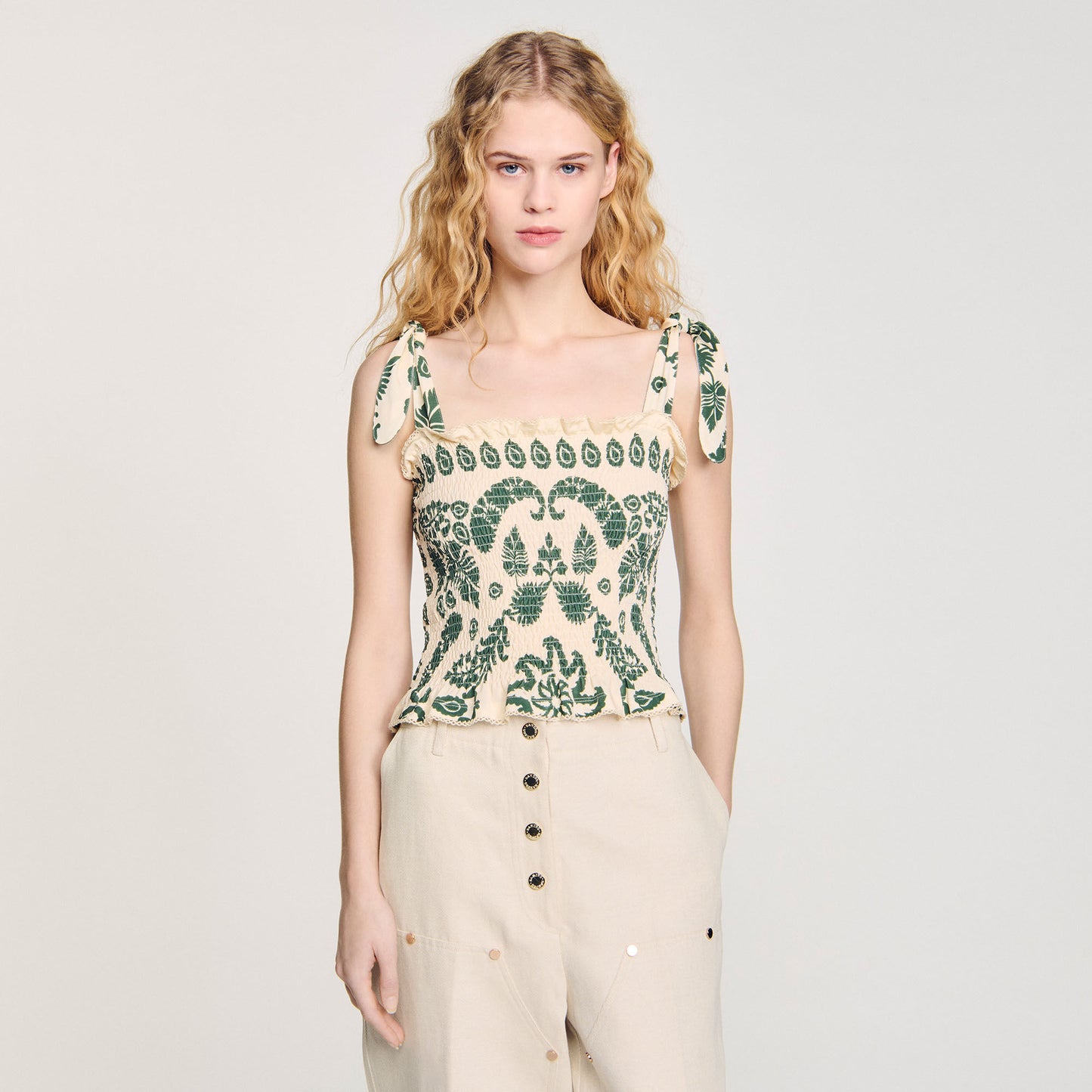 Ramatuelle Floral Motif Smocked Top Ecru/Green Ecru/Green