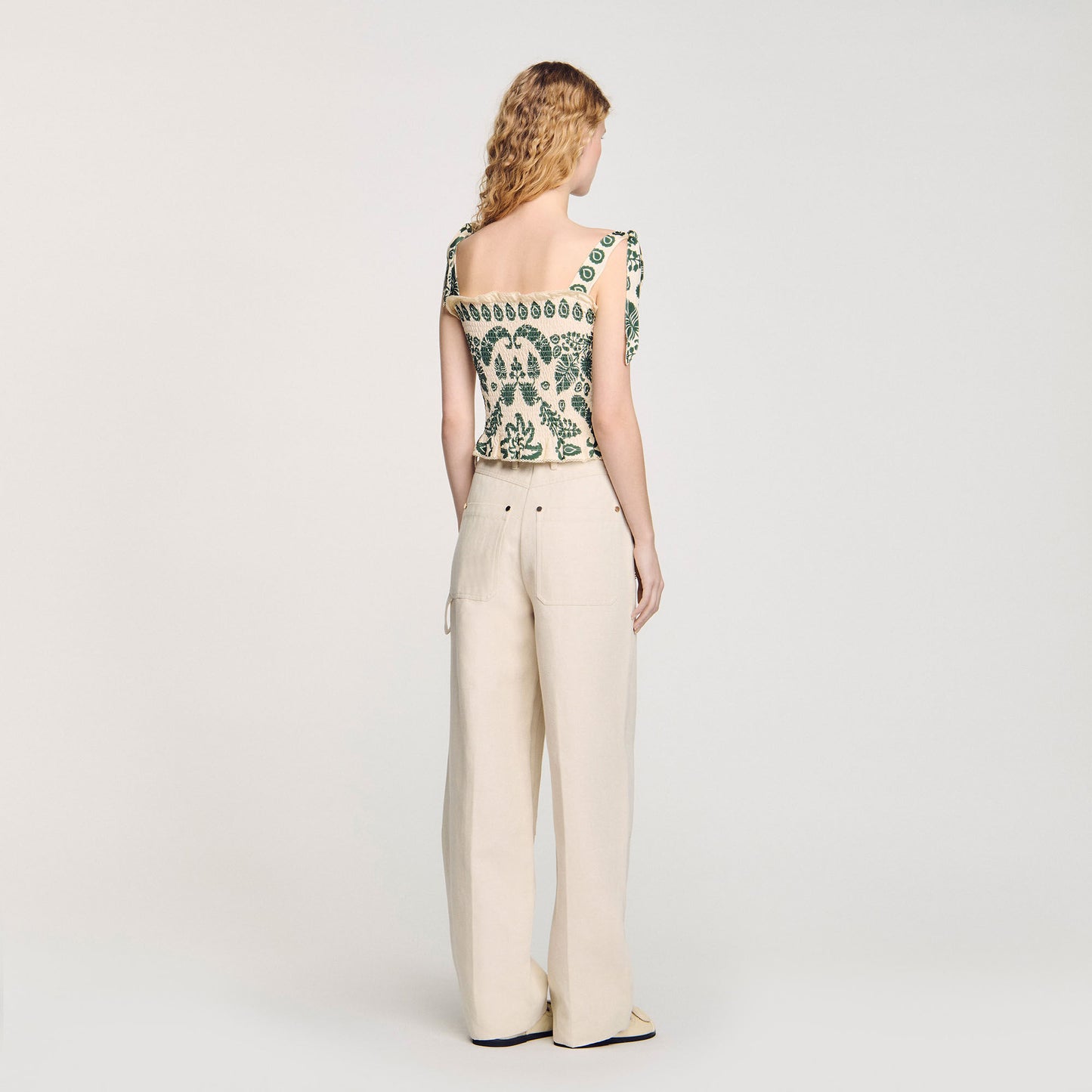 Ramatuelle Floral Motif Smocked Top Ecru/Green Ecru/Green