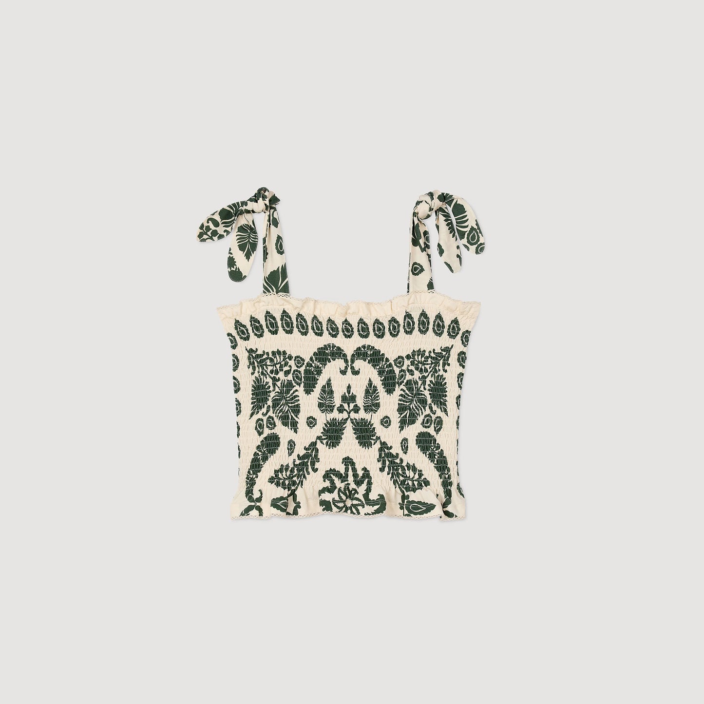 Ramatuelle Floral Motif Smocked Top Ecru/Green Ecru/Green