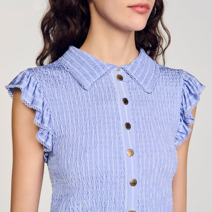 Bleuet Striped Smocked T-Shirt Sky Blue