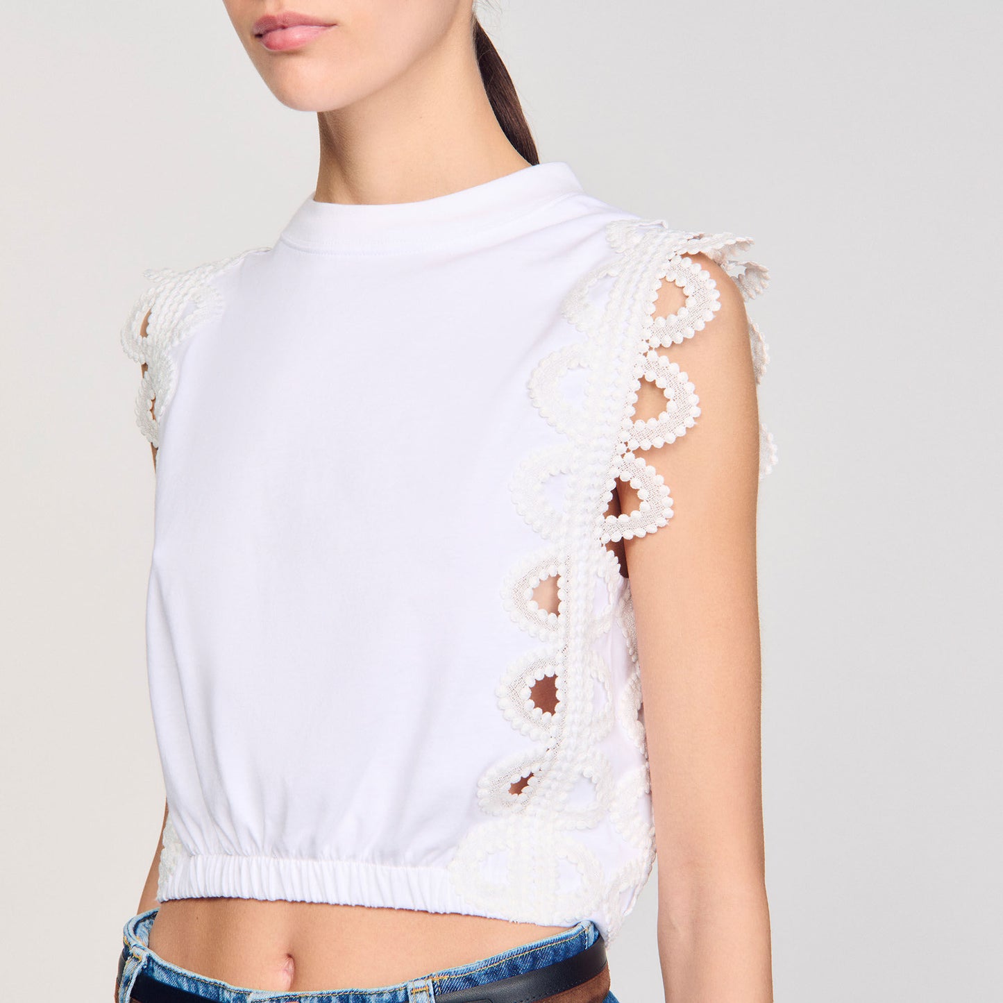 Chantilly Cropped T-Shirt With Lace Detail White White