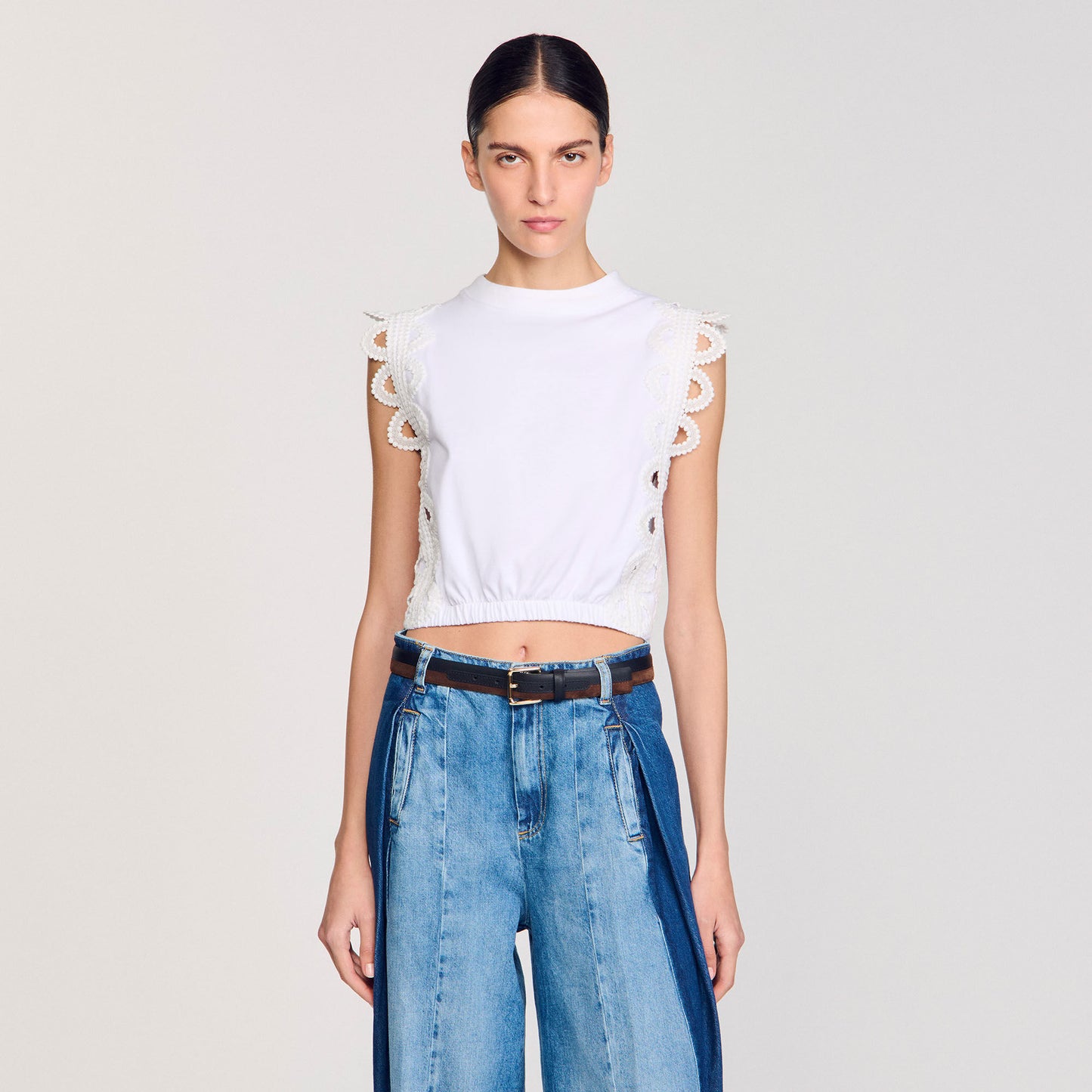 Chantilly Cropped T-Shirt With Lace Detail White White
