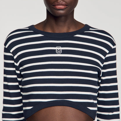 Lyvie Cropped Striped Cotton T-Shirt MARINE / BLANC