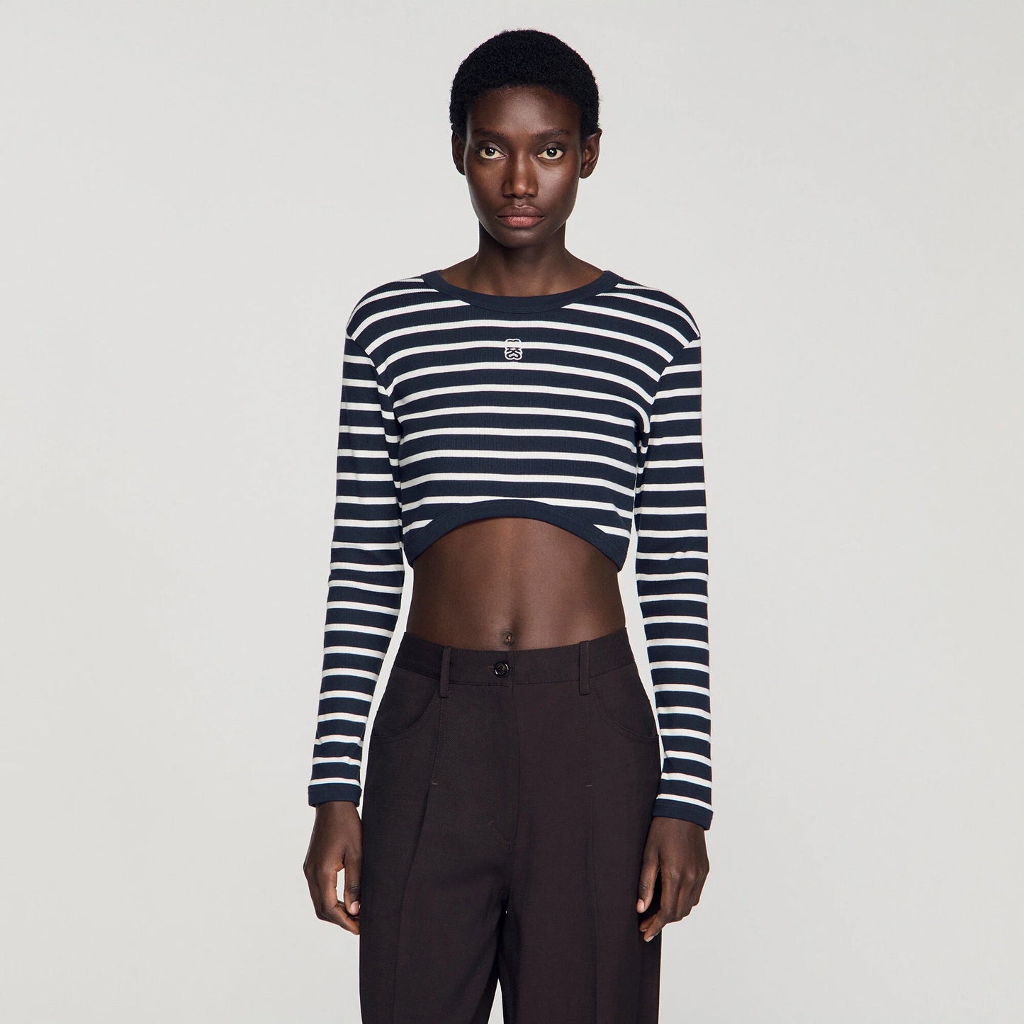 Lyvie Cropped Striped Cotton T-Shirt MARINE / BLANC