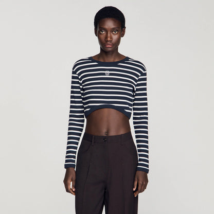 Lyvie Cropped Striped Cotton T-Shirt MARINE / BLANC