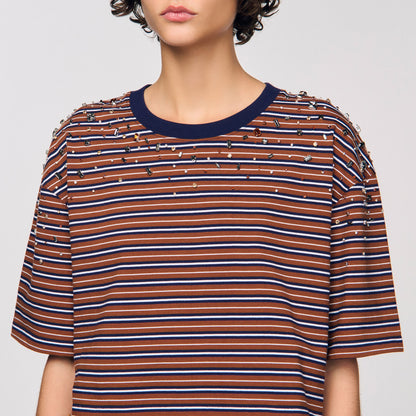 Aristee Striped Rhinestone T-Shirt Brown / Deep Blu