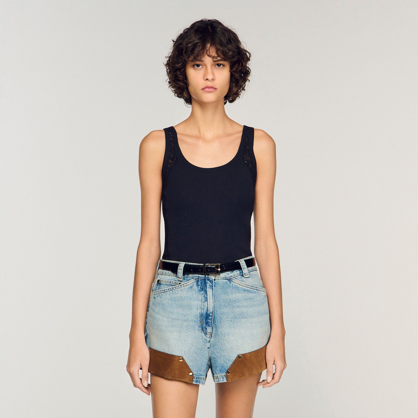 Isia Vest Top With Lace Detail Black