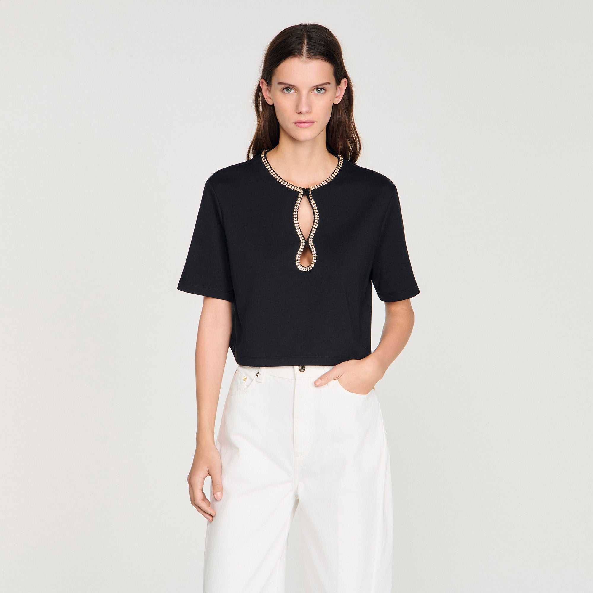 Azalee Rhinestone Cropped T-Shirt Black