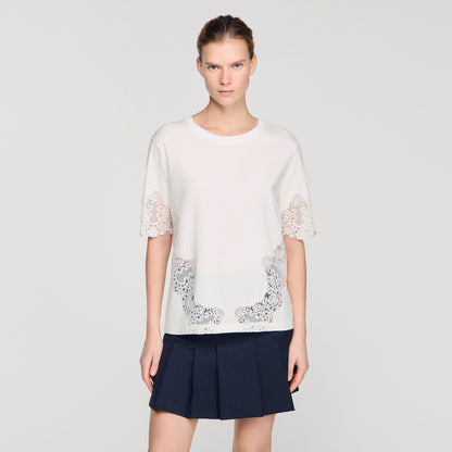 Marbella Cotton T-Shirt With Lace Detail ECRU
