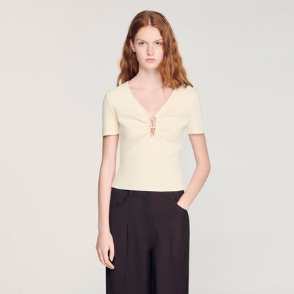 Thalia Jewelled Cropped Cotton T-Shirt Ecru