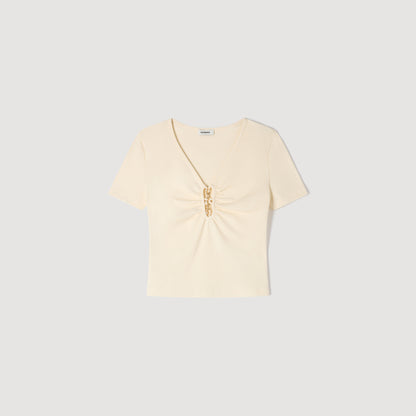 Thalia Jewelled Cropped Cotton T-Shirt Ecru