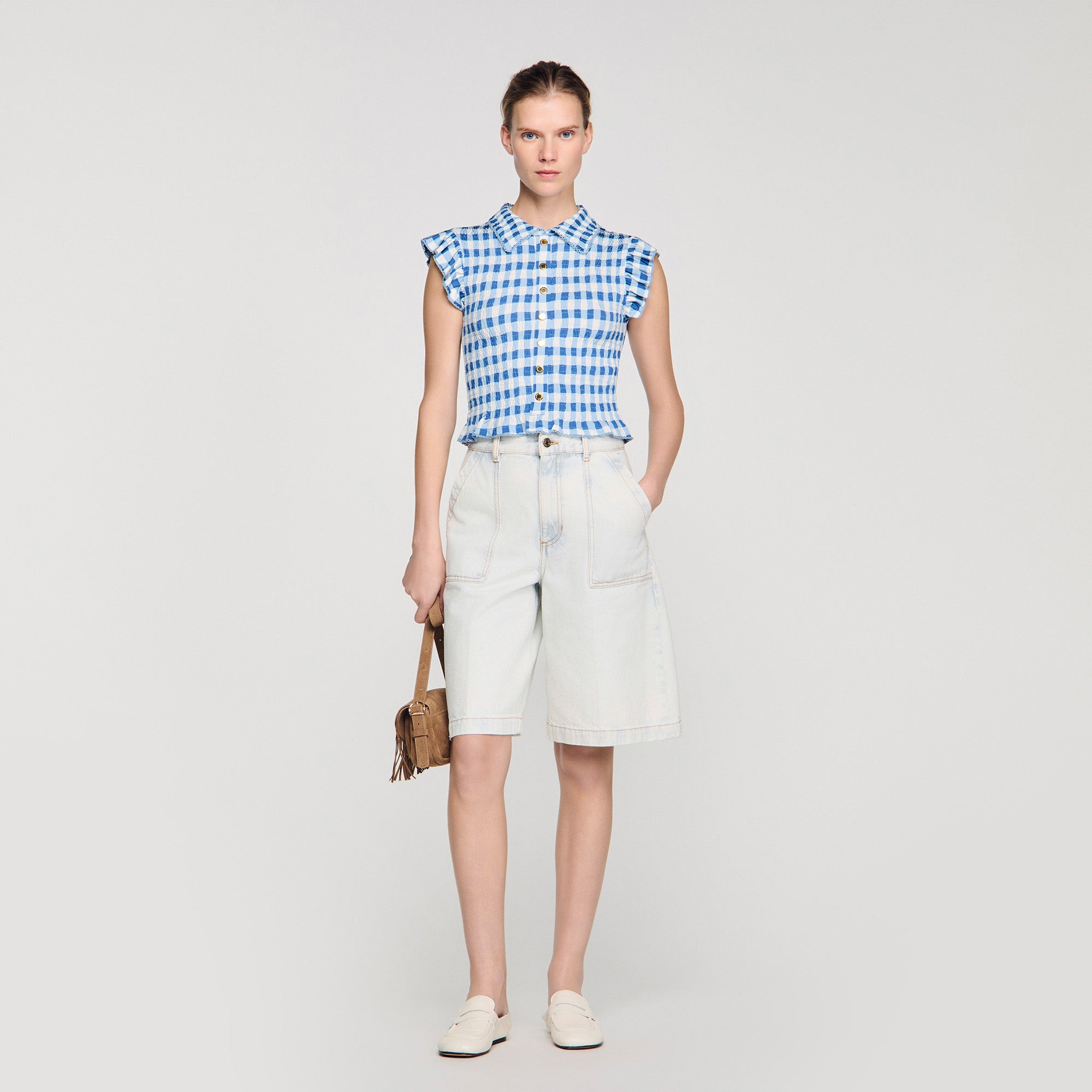 Cerise Check Smocked T-Shirt BLU / WHITE