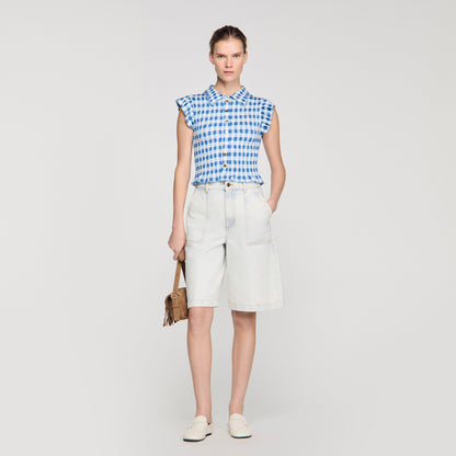 Cerise Check Smocked T-Shirt BLU / WHITE