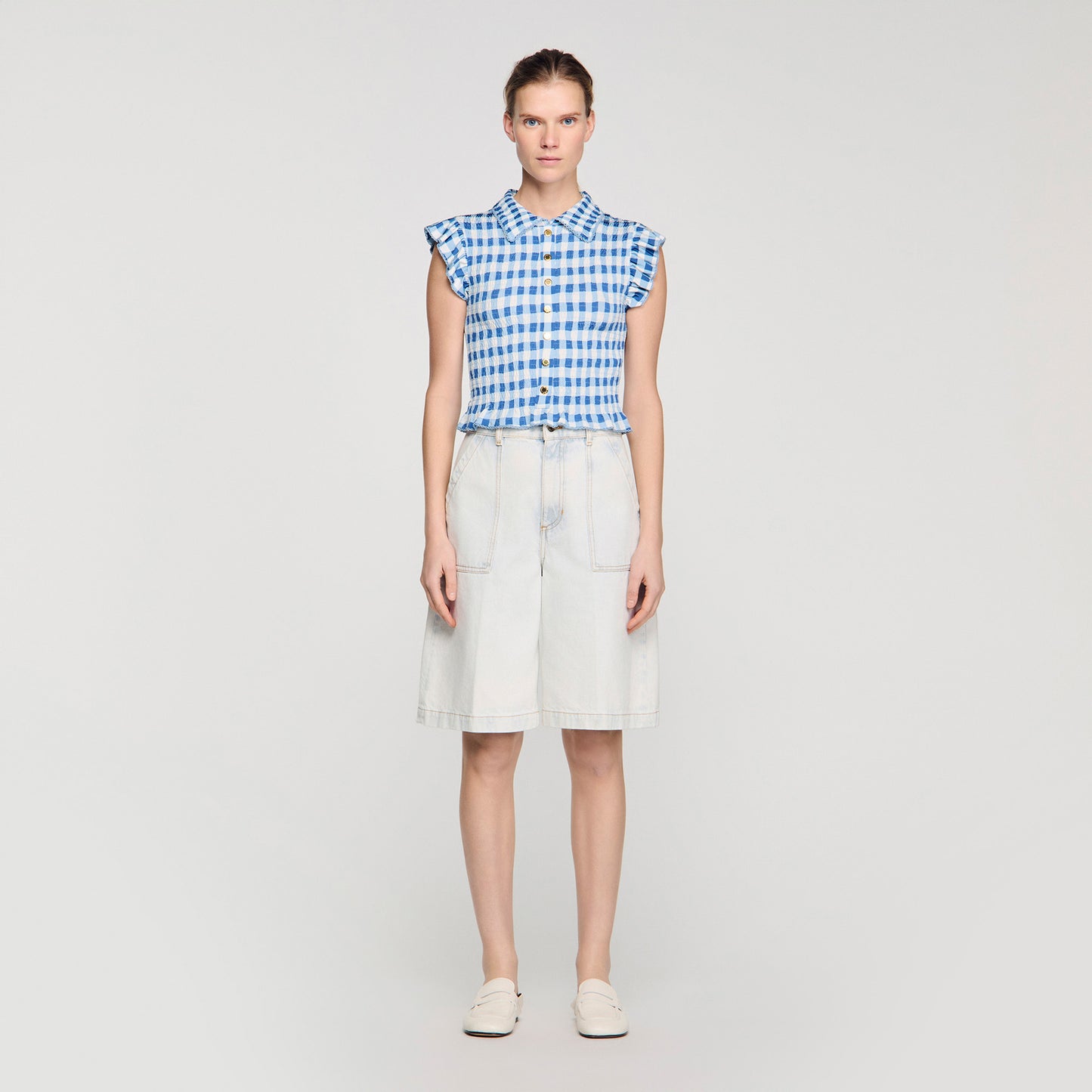 Cerise Check Smocked T-Shirt BLU / WHITE