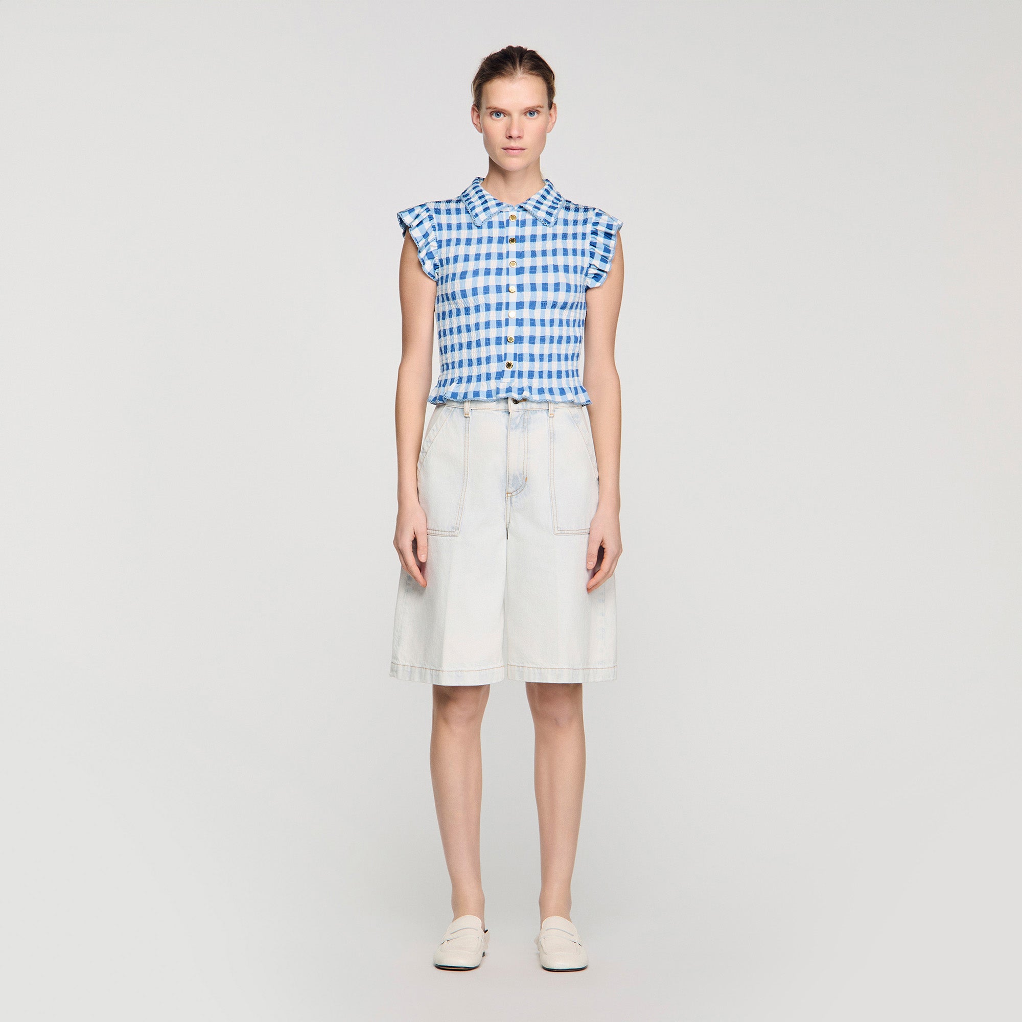 Cerise Check Smocked T-Shirt BLU / WHITE