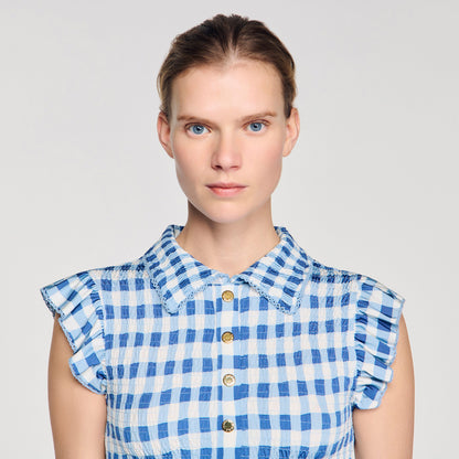 Cerise Check Smocked T-Shirt BLU / WHITE