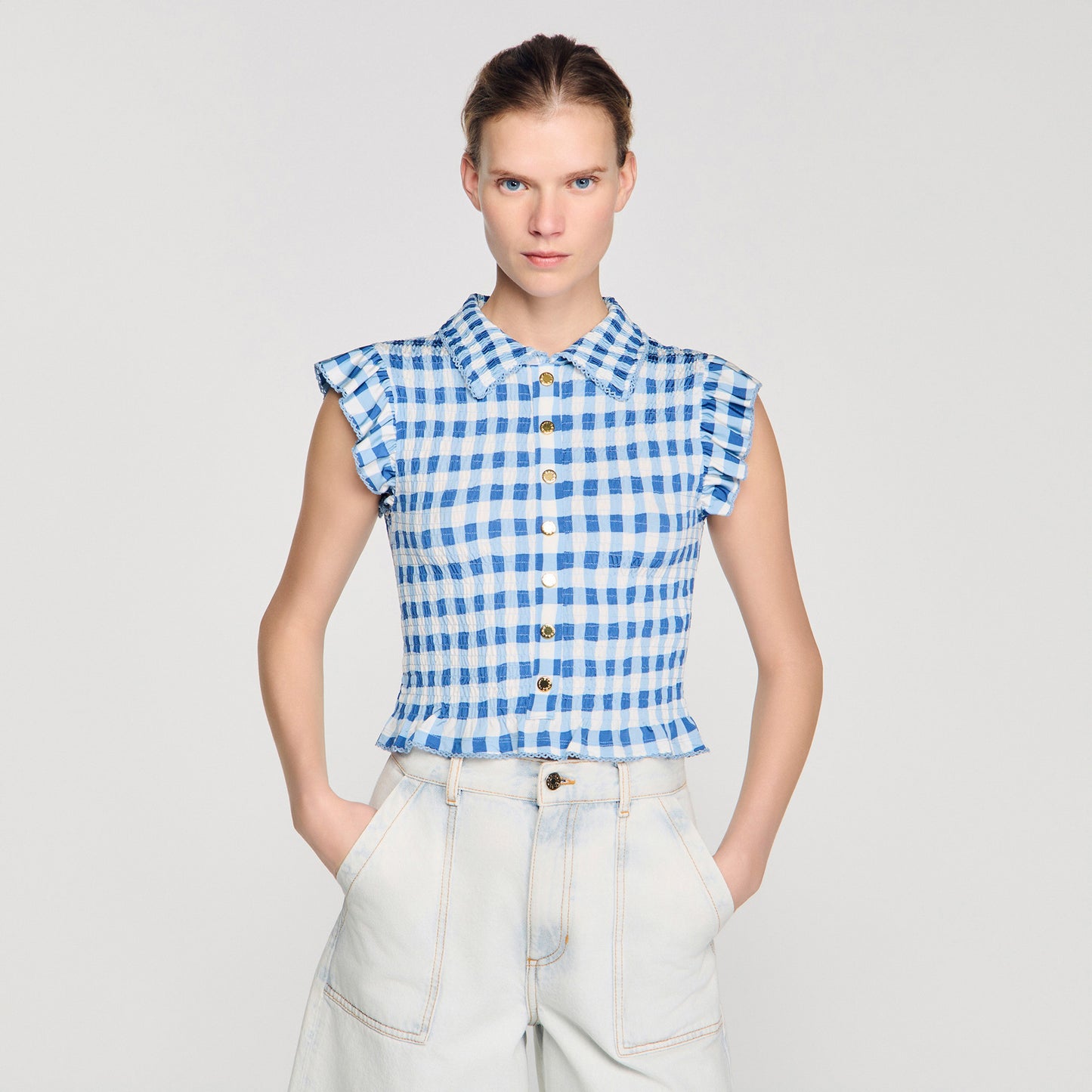 Cerise Check Smocked T-Shirt BLU / WHITE