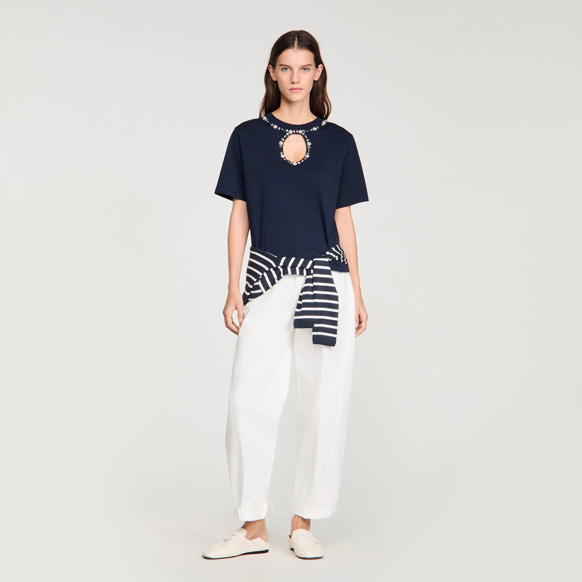 Santafe Rhinestone Openwork T-Shirt Navy Blue