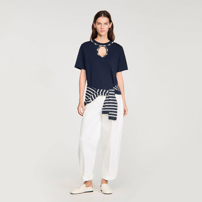 Santafe Rhinestone Openwork T-Shirt Navy Blue