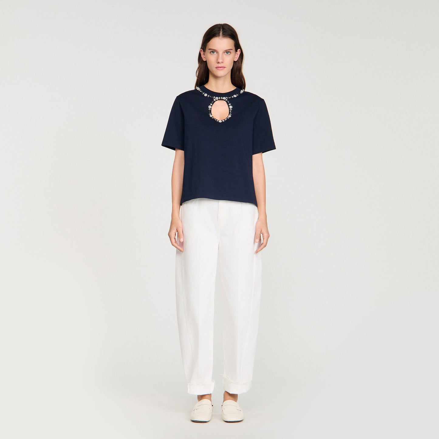 Santafe Rhinestone Openwork T-Shirt Navy Blue