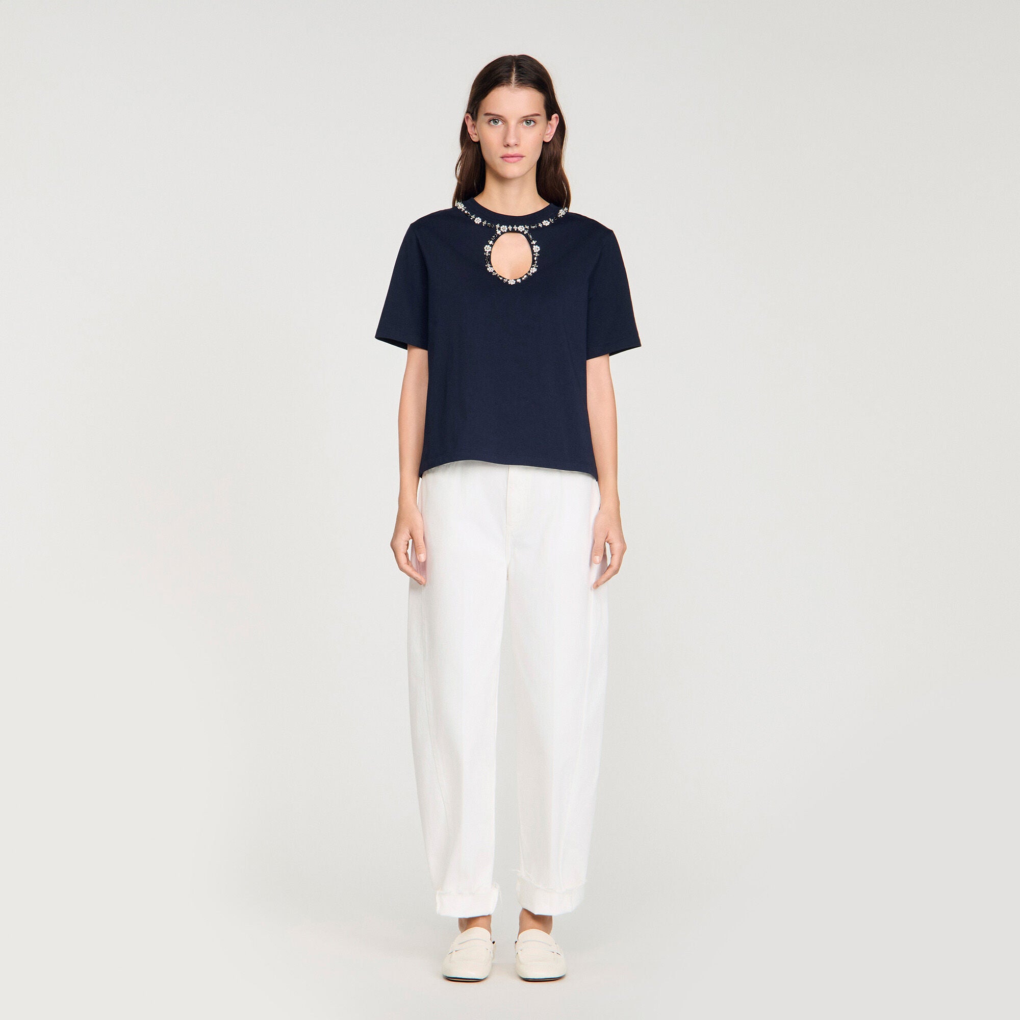 Santafe Rhinestone Openwork T-Shirt Navy Blue