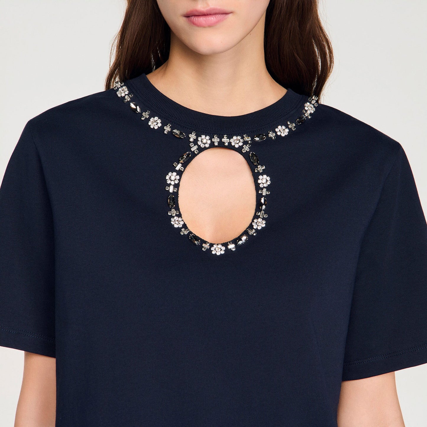 Santafe Rhinestone Openwork T-Shirt Navy Blue