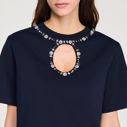 Santafe Rhinestone Openwork T-Shirt Navy Blue