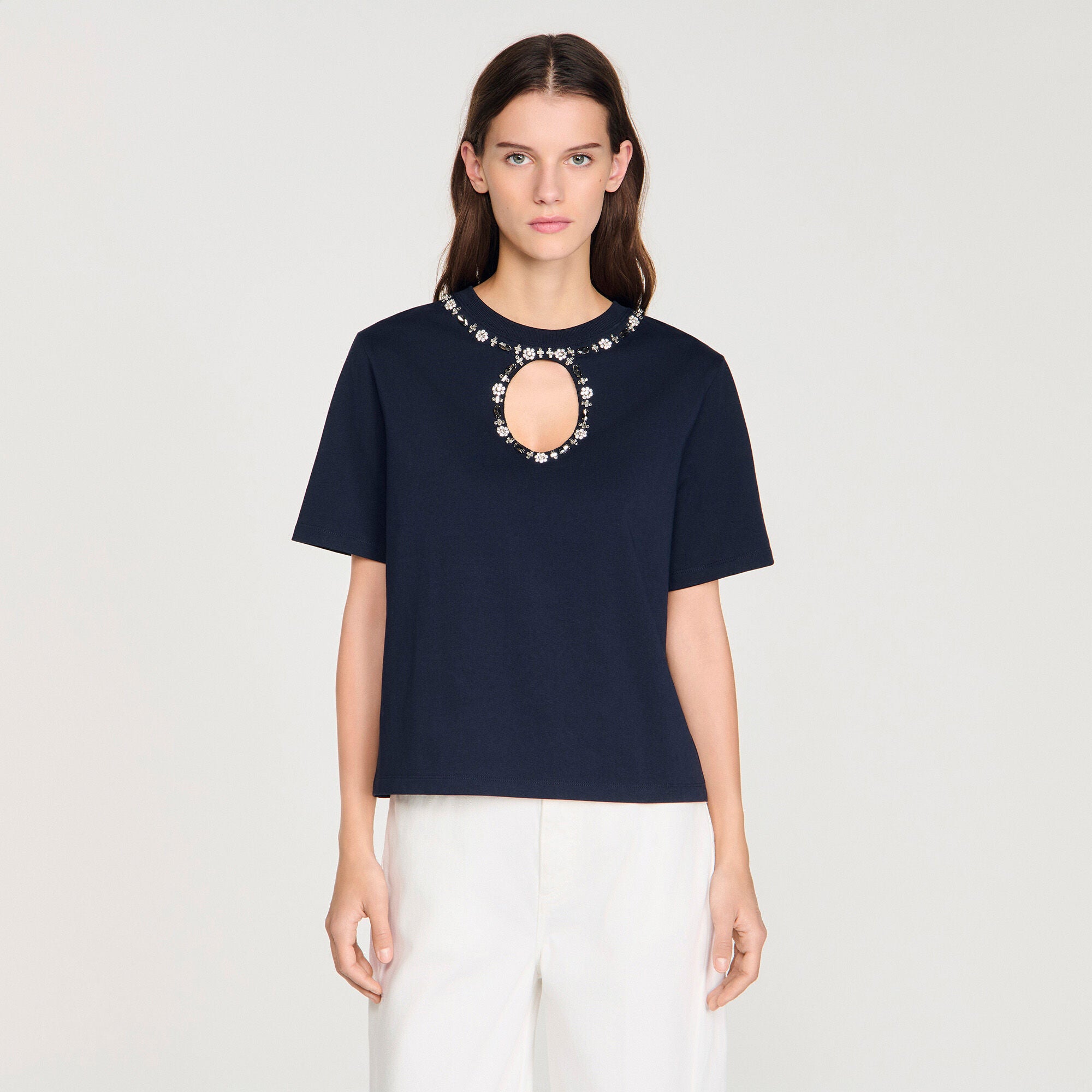 Santafe Rhinestone Openwork T-Shirt Navy Blue