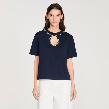 Santafe Rhinestone Openwork T-Shirt Navy Blue