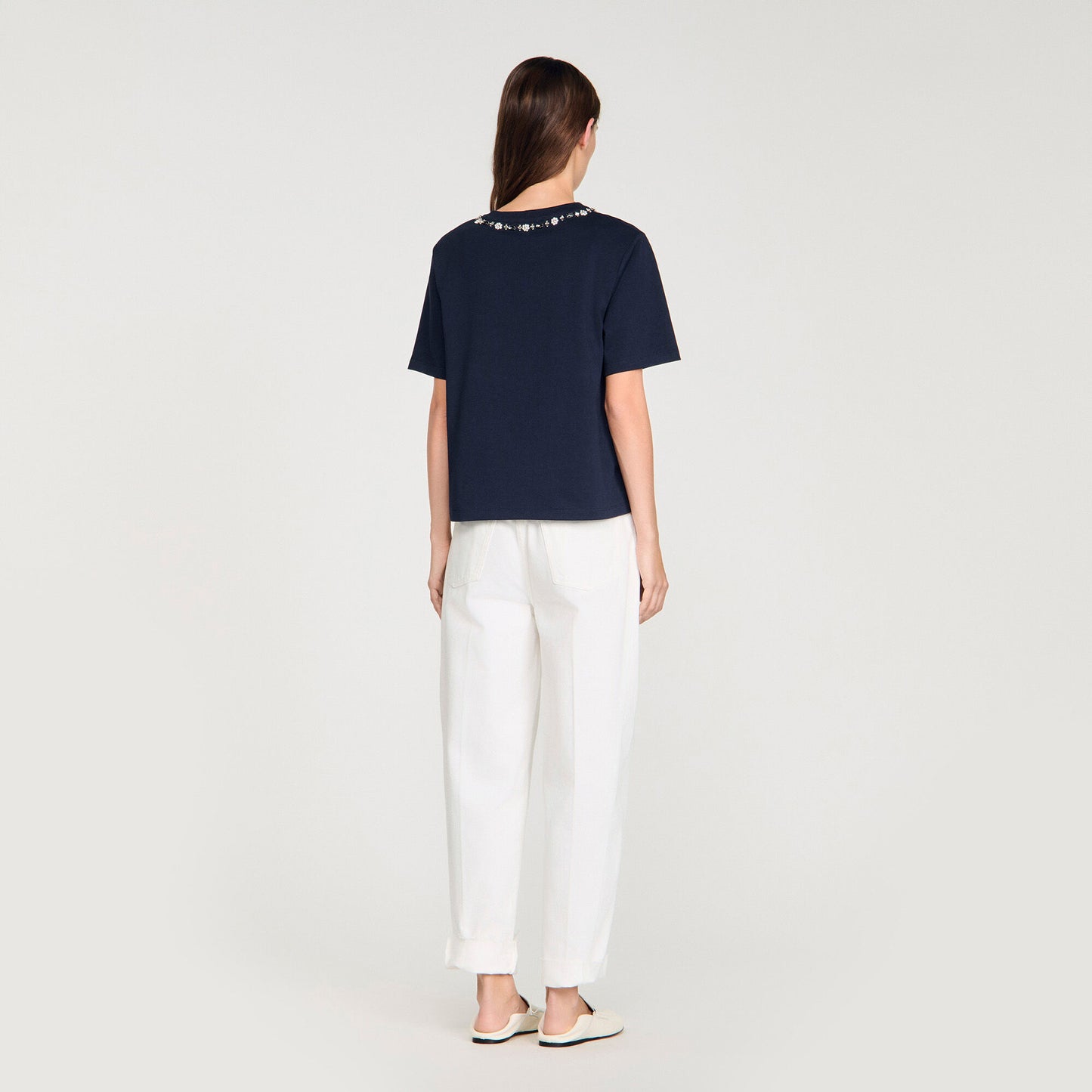 Santafe Rhinestone Openwork T-Shirt Navy Blue
