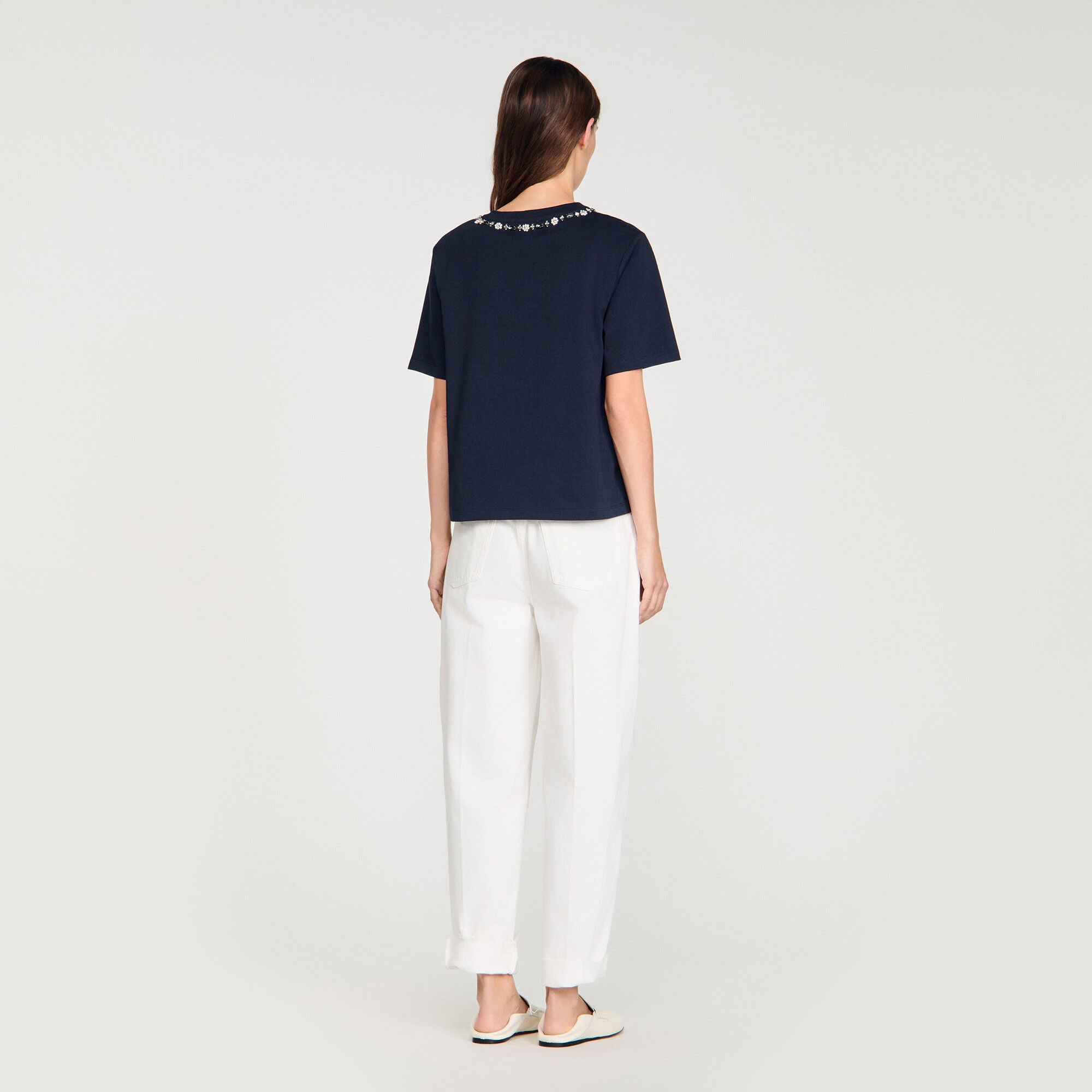 Santafe Rhinestone Openwork T-Shirt Navy Blue
